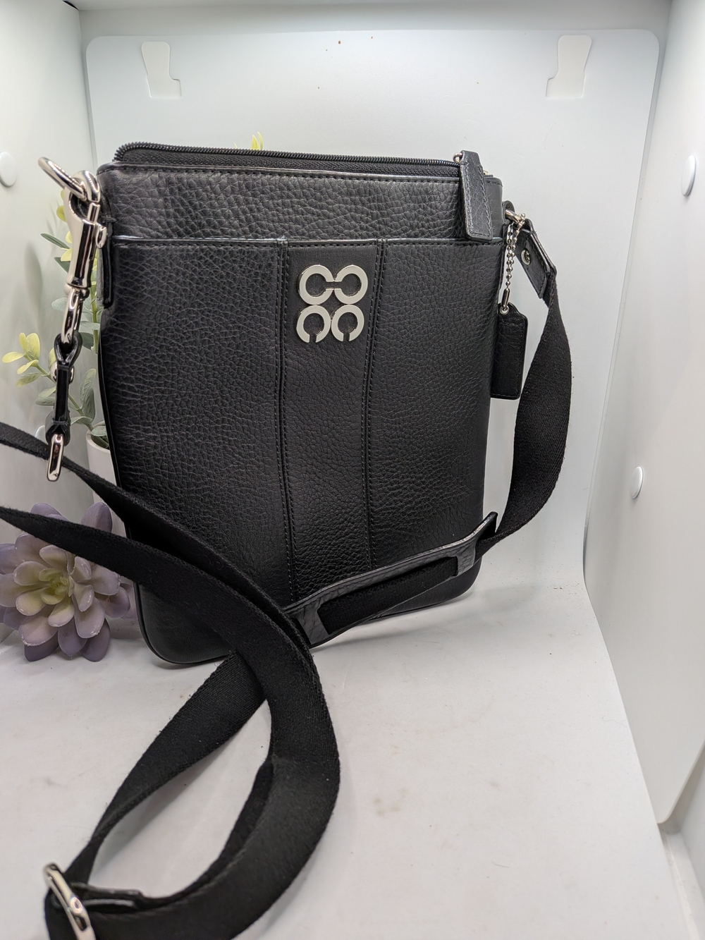 Coach Black Leather Crossbody Bag with Silver Optic C